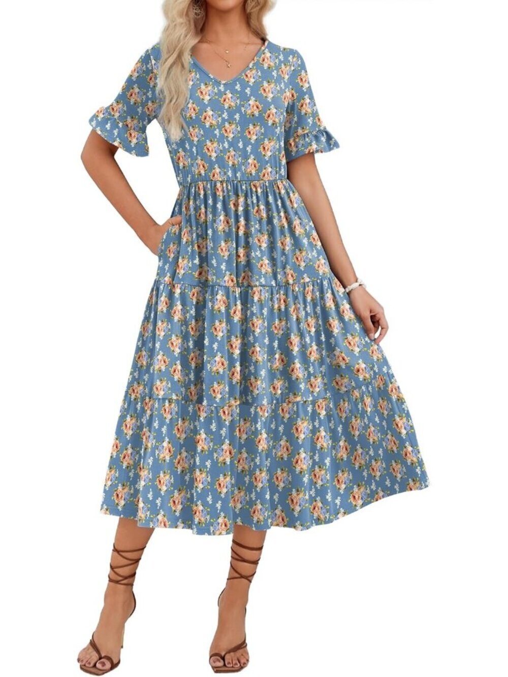 Zeagoo Women's Blue Orange Floral Tiered Casual Neck Ruffle Short Mid Maxi Dress